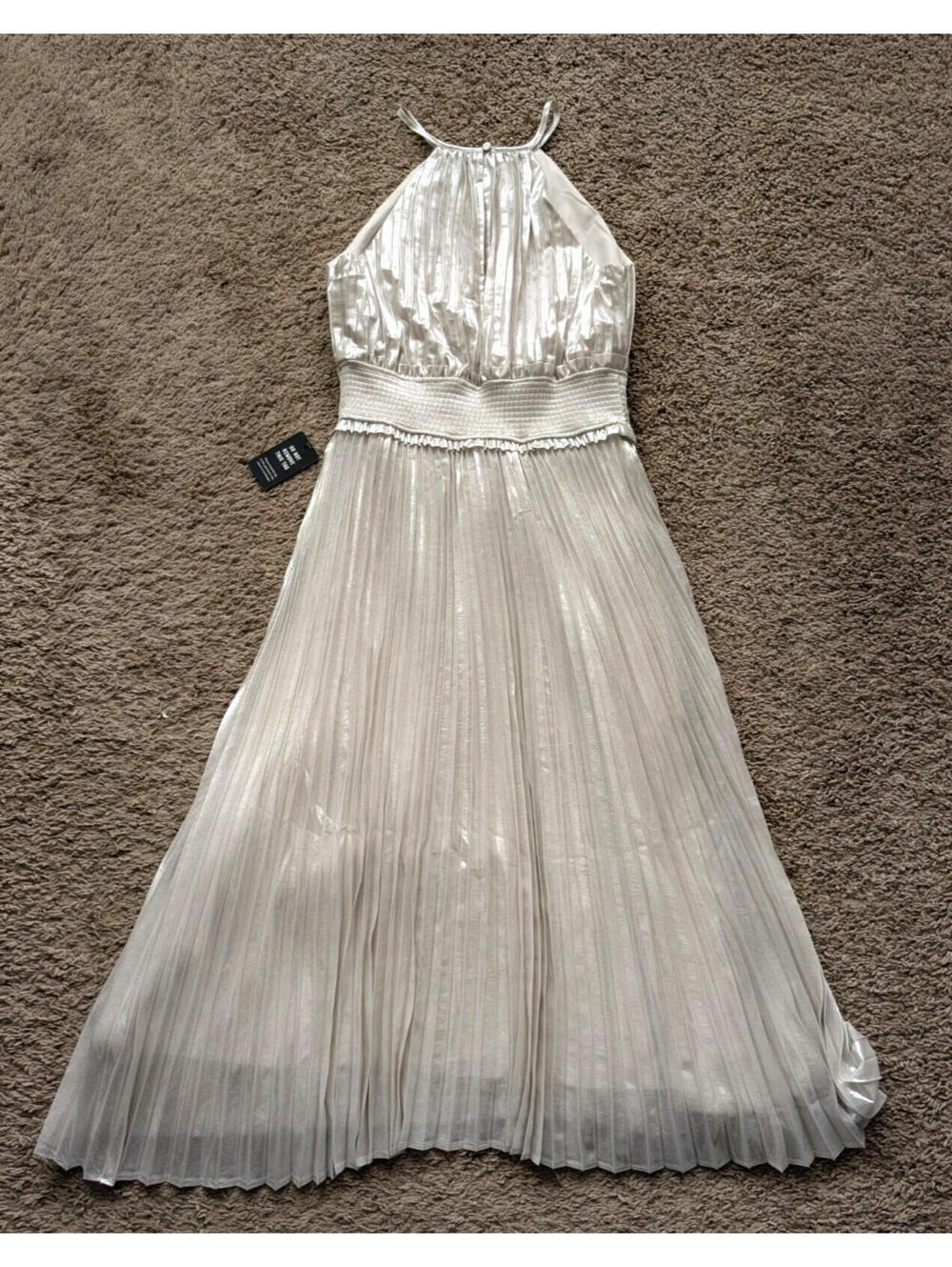 Express Silver Shimmer Halter Pleated Maxi Dress Size Small NWT Metallic - Picture 2 of 5